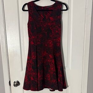 Suzy Shier Red and Black Floral Sleeveless A-Line Dress